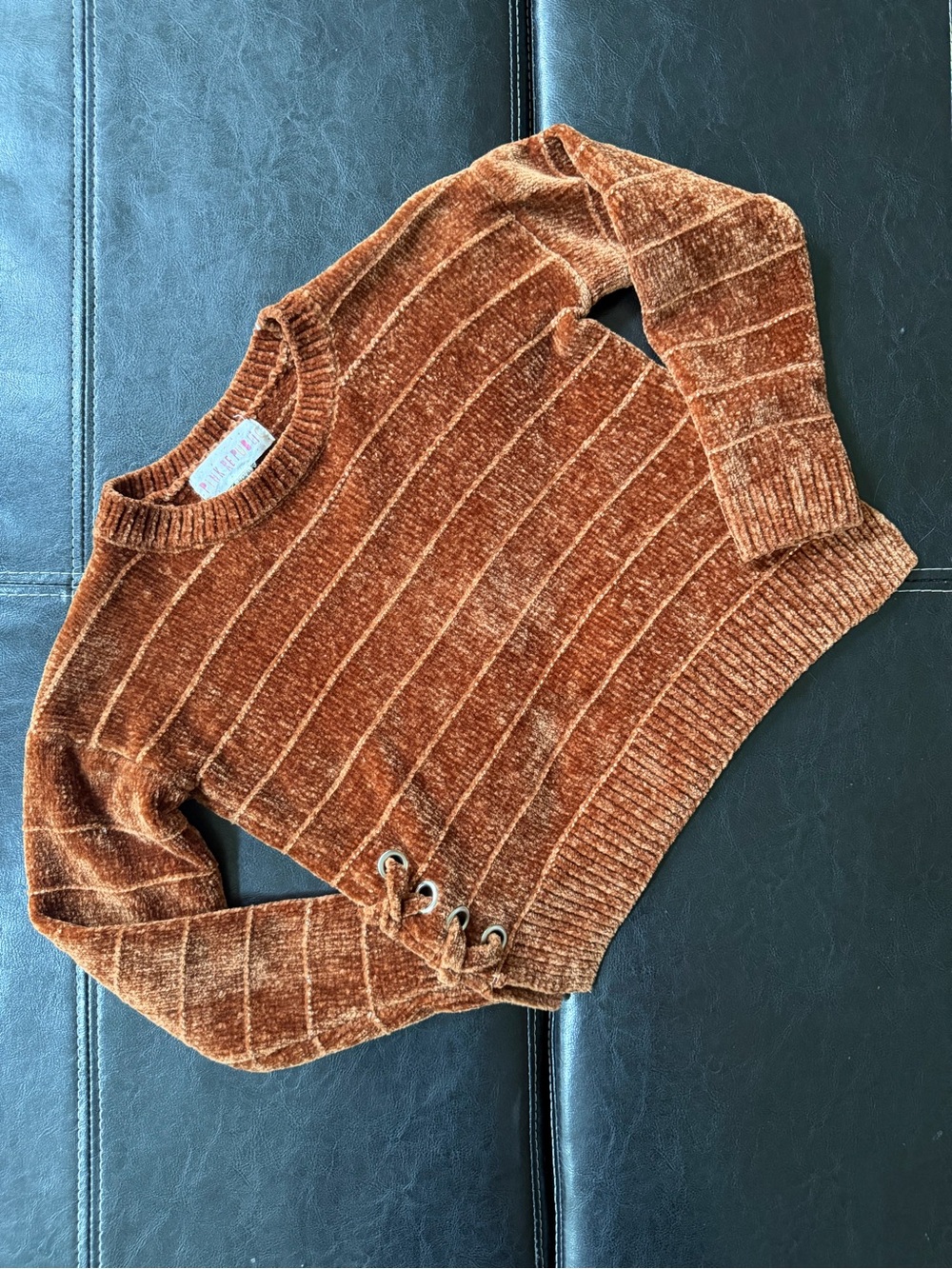Pink Republic - Chestnut Brown Ribbed Chenille Sweater with Side Eyelet Detail